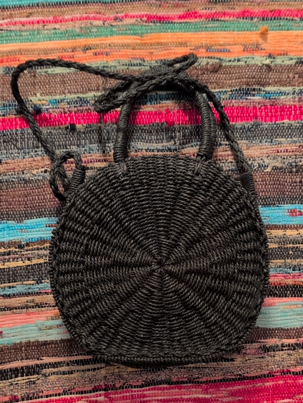 Black Round Woven Crossbody Bag